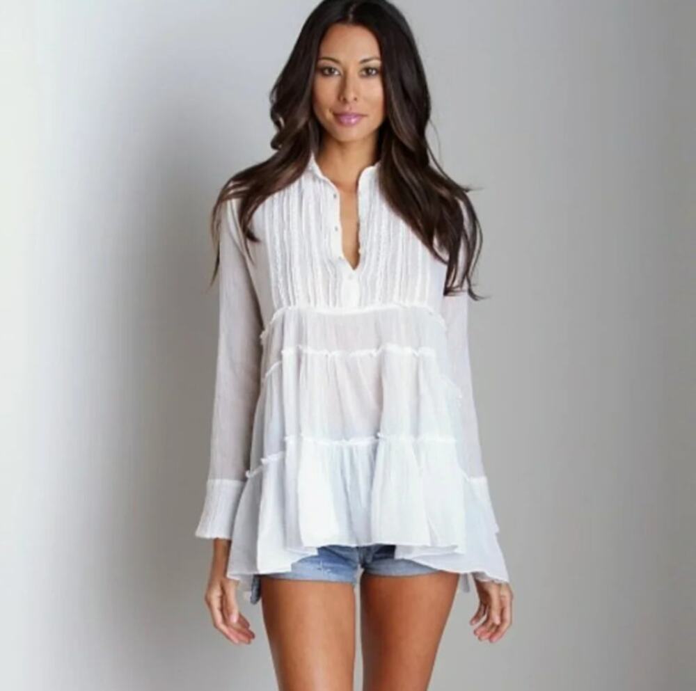 Free People FP One airy boho 100% Cotton blouse White cottage core Size L 4187